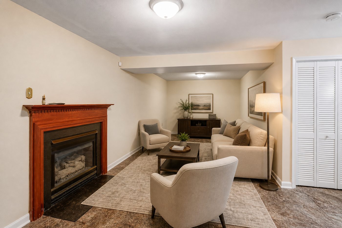 Virtually staged finished basement with fireplace